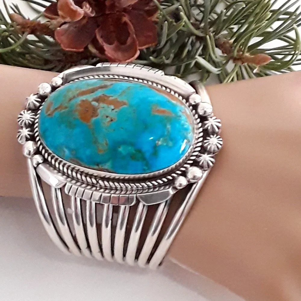 LARGE Kingman Sterling Native American Statement Bracelet - Picture 1 of 9